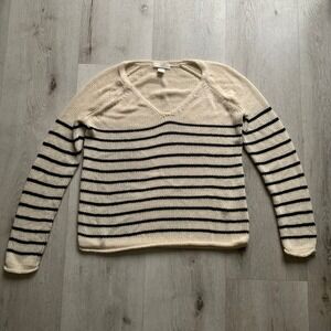 HM Women Cream Navy Blue Striped V-N Raglan Knit Sweater Small Coastal Nautical